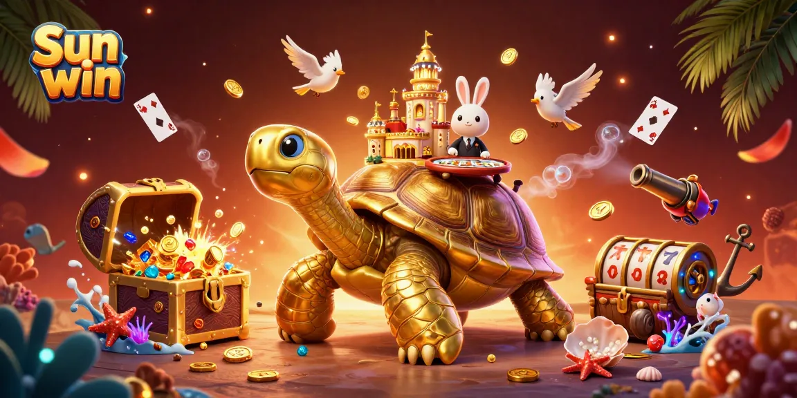 Win big in Sun win with a golden tortoise casino scene filled with vibrant gaming elements.
