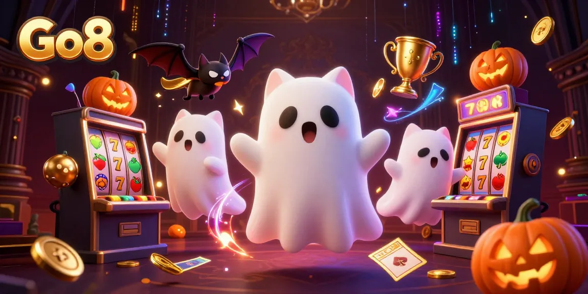Experience the excitement of Go8 with a friendly ghost cat in a haunted casino scene filled with jackpots.